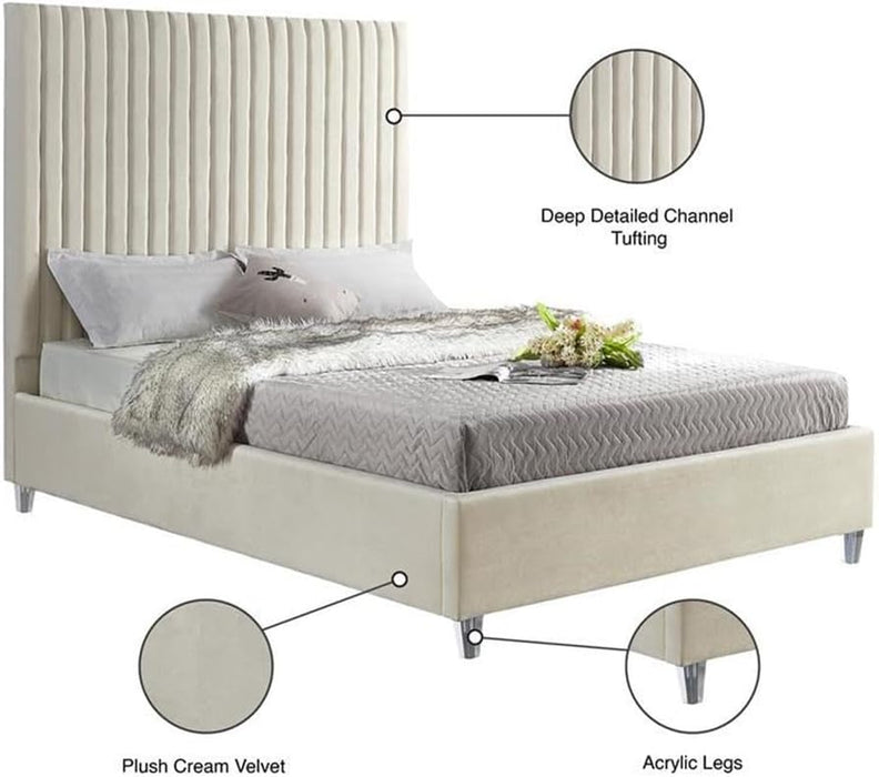 Candacecream-Q Candace Collection Modern | Contemporary Velvet Upholstered Queen Bed, Cream Velvet Fabric, Deep Channel Tufting, Acrylic Legs, 65" W X 86" D X 65" H, Cream, Queen