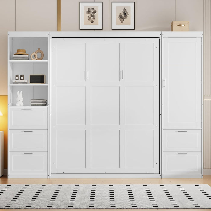 Queen Size Murphy Bed with Wardrobe and Storage Drawers & Storage Shelf,Wall Bed Frame Folding into Cabinet Design for Small Space,Bedroom,Guest Room,White