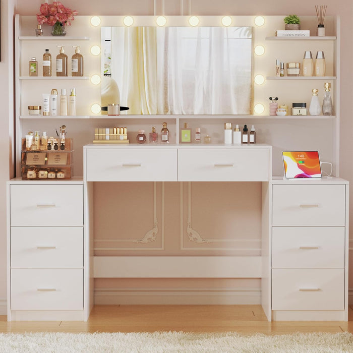 Large Vanity Desk with Mirror & Lights, White Makeup Vanity with 8 Drawers & 6 Storage Shelves, Vanity Set with LED Lights and Power Outlet, 3 Lighting Modes, Adjustable Brightness
