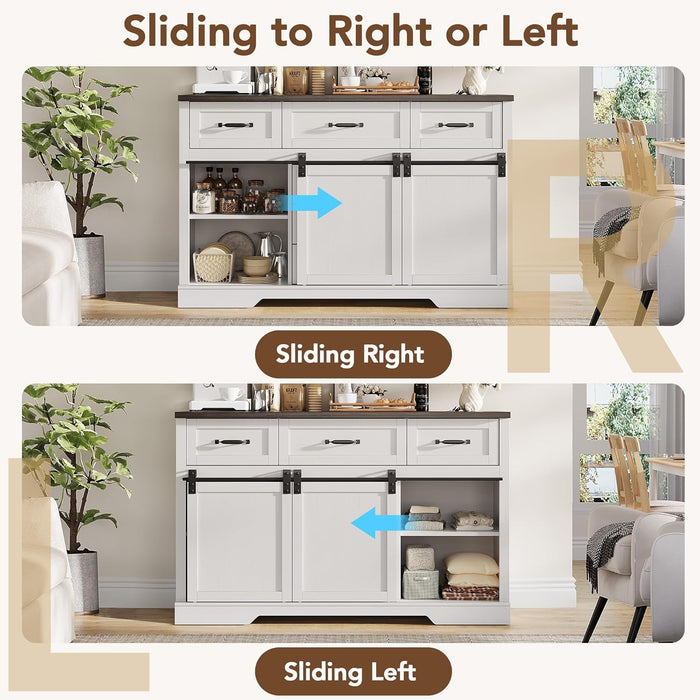 47.2 in Farmhouse Buffet Cabinet, Sideboard Cabinet with 6 Drawers, White Coffee Bar with Sliding Barn Doors for Dinning Room, Kitchen, Living Room