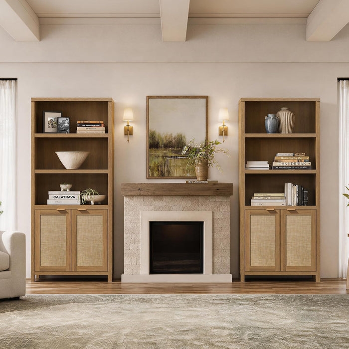 71" Tall Bookcase 5 Tier Rattan Bookshelf with Doors for Library | Farmhouse Storage Book Shelf with Adjustable Shelves Large Book Case Bookshelves for Living Room Home Office Bedroom Kitchen