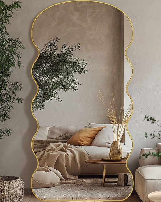 Wavy Full Length Mirror with Stand, 76” X 34" Floor Mirror, Aluminum Alloy Frame Wall Mounted Leaning Standing, Full Body Mirror for Bedroom Living Room Entryway,Gold