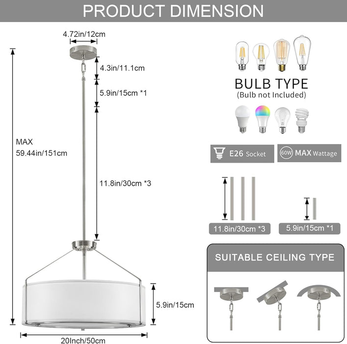 20Inches White Drum Chandelier Large Pendant Lights for Dining Room