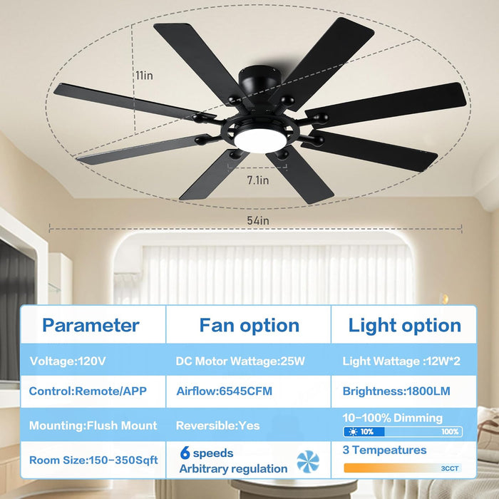54 Inch Matte Black Brushless Ceiling Fan Lighting