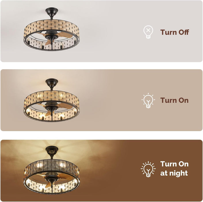 24" Caged Ceiling Fan with Lights, 2 Ways Control(App&Remote Control), Light Kit Included(8 Bulbs), Modern Farmhouse