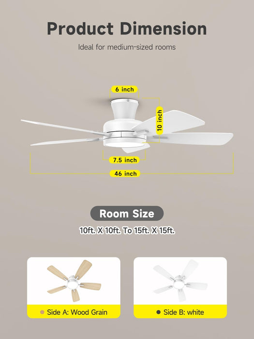 Ceiling Fans with Lights and Remote, 46 Inch Low Profile Ceiling Fan with Light, Flush Mount, Reversible, 3CCT, Dimmable White Modern Ceiling Fan for Bedroom, Living Room, Outdoor Patio