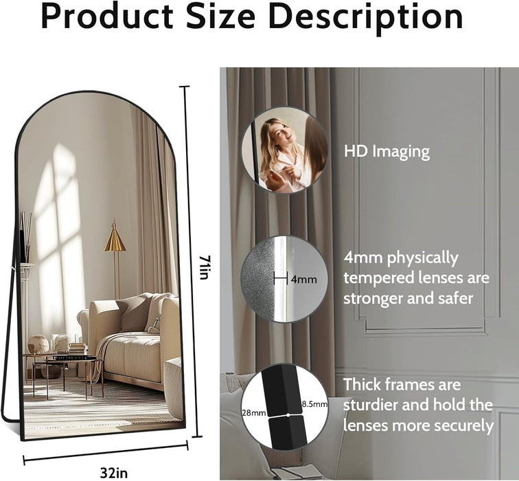 71" X 32" Arched Full Length Mirror, HD Tempered Glass Floor Mirror with Black Aluminum Frame, Standing/Leaning/Wall Mounted Mirror for Bedroom, Dressing Room & Living Room