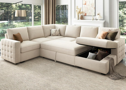 Sleeper Sectional Sofa with Storage Chaise U Shaped Sectional Couch for Living Room, Velvet Sleeper Sectional Couch with Pullout Bed, Beige