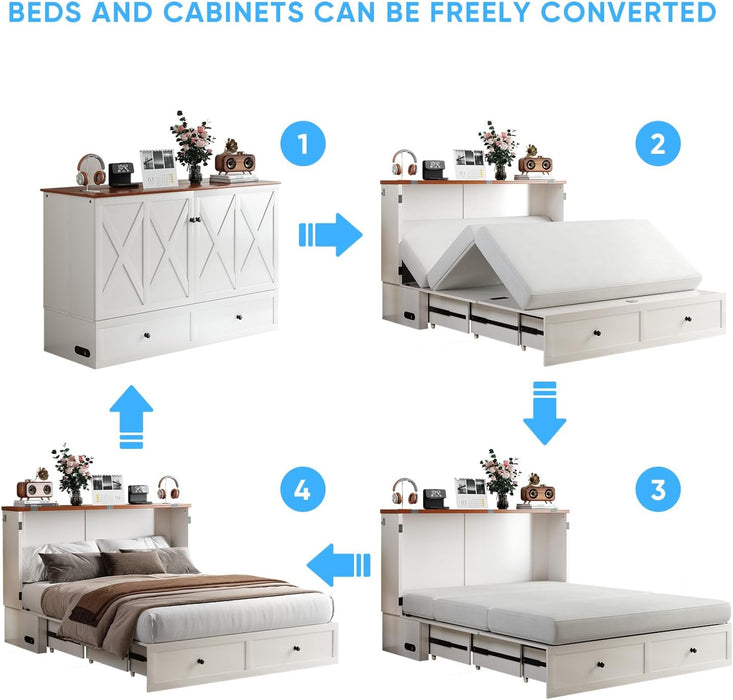 Queen Murphy Bed with USB Charging Station & 2 Storage Drawers, Hidden Folding Chest Cabinet Bed with Tri-Fold Mattress, Space Saving Wall Beds for Bedroom Guest Room Living Room-White