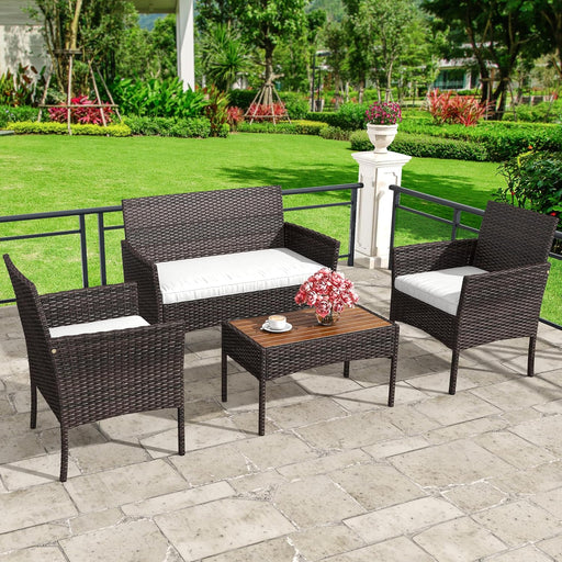 4-Piece Patio Bistro Set, All-Weather Outdoor Patio Furniture Rattan Wicker Loveseat Conversation Set with Wooden Side Table and Soft Cushions, Brown+Beige