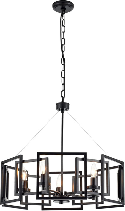 Industrial Style Chandelier, with Matt Black Finish Geometric Shade Pendant Lighting Fixture for Dining Room Living Room Kitchen Island Bedroom 5-Light