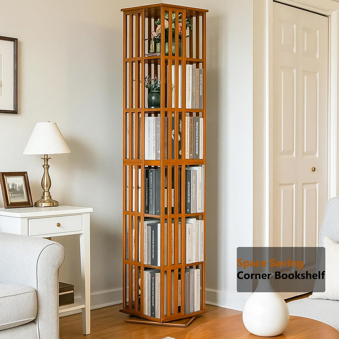 Rotating Bookshelf Tower– 6 Tier 360° Bamboo Spinning Bookshelf | Space-Saving Floor Standing Square Revolving Bookcase for Small Space, Home Offices & Reading Corners | Walnut