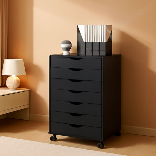 7-Drawer Chest, Office File Cabinet with Wheels, Black