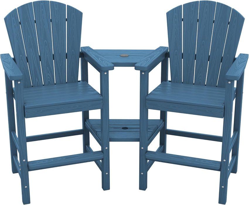 Tall Adirondack Chairs Set of 2 with Double Layer Connecting Tray, HDPE Bar Height Outdoor Chairs, Wood-Like Adirondack Bar Stools for Patio, Balcony, Porch, Blue