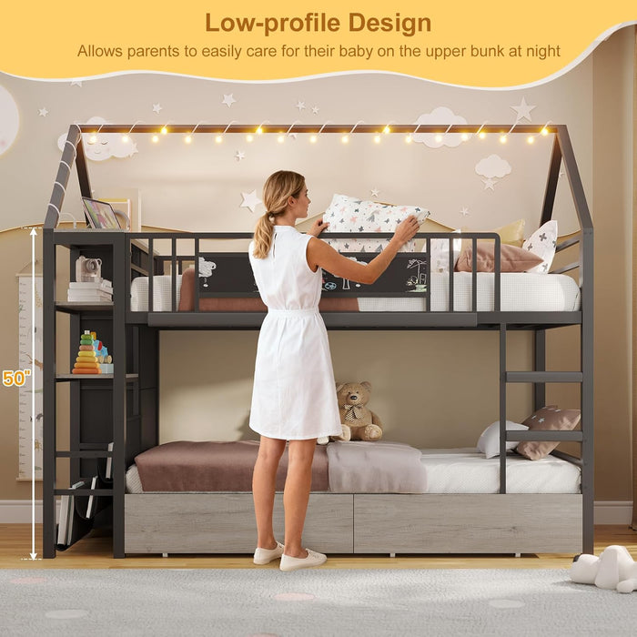 Bunk Bed Twin over Twin with Storage Drawers and Globe String Lights House Shaped Low Bunk Bed with Montessori Bookshelf Metal Bunk Beds for Kids with Ladder and Guardrail,Space Saving, Black
