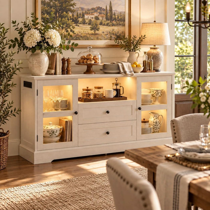 55" Buffet Cabinet with Storage & Power Outlet, Sideboard Cabinet with 2 Tempered Glass Doors, 2 Drawers, RGB Lighting & Adjustable Shelves, Coffee Bar Cabinet, Rustic White