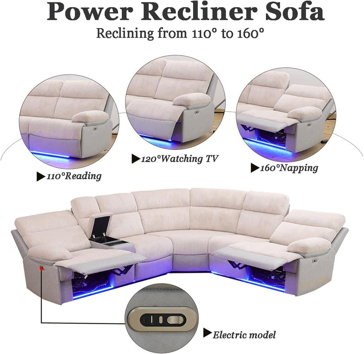Power Reclining Sectional Sofa with LED, Sectional Couch Recliner Sofa Set, Living Room Furniture Set with USB Charging for Living Room with 2 Recliner Seats(Living Room Set, Beige Grey)