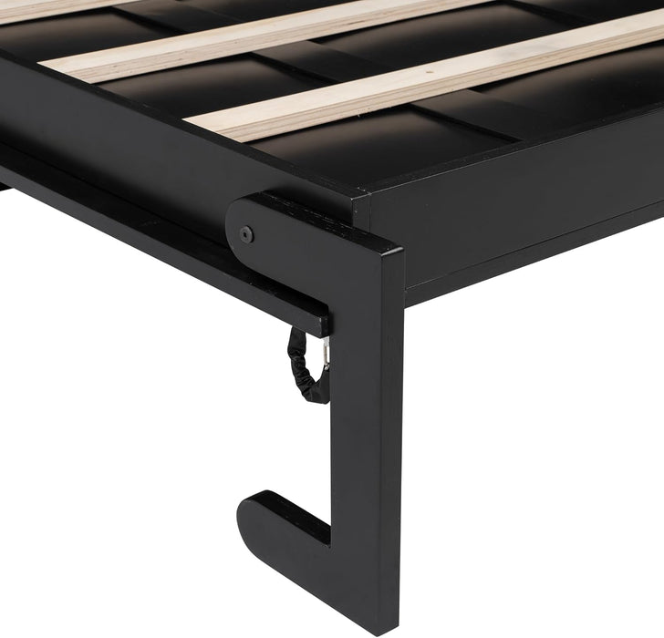 Full Size Murphy Bed with 2 Storage Cabinets, Wood Hidden Foldable Wall Bed Frame W/Bookcase Shelves, Storage Bed Cabinet for Bedroom, Office, Space-Saving, No Box Spring Needed, Black