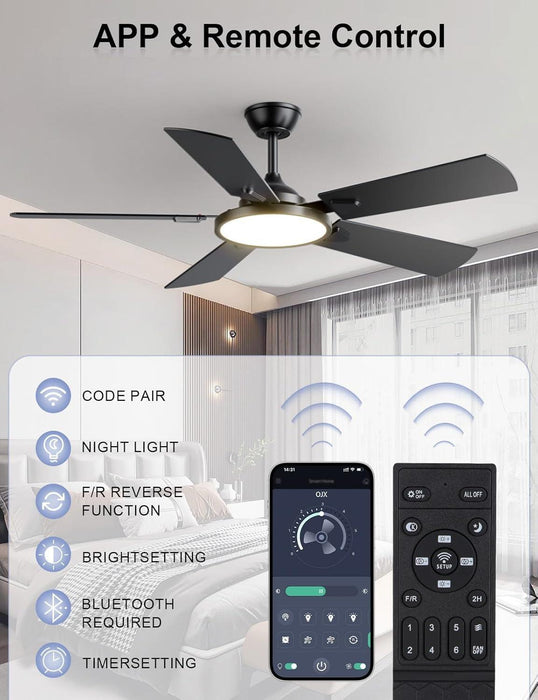 Ceiling Fans with Lights, 52 Inch Ceiling Fan with Light and Remote/App Control, 3CCT, Quiet DC Reversible, Dimmable, Modern Ceiling Fan for Bedroom, Living Room, Kitchen, Indoor/Outdoor Use