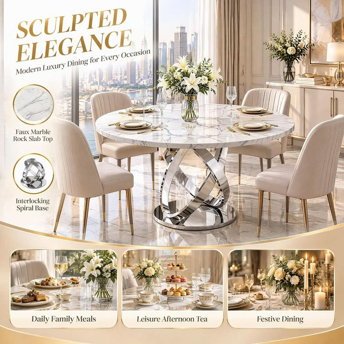 47.24" round Faux Marble Dining Table for 6 W/Stainless Steel Leg