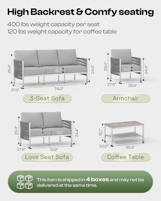 Aluminum Outdoor Patio Furniture Set, HDPE Rope 5 Piece Modern Sectional Conversation Sets with Dual-Layer Coffee Table, All Weather Patio Couch Sofa with Thick Cushions, Silver Frame, Silver