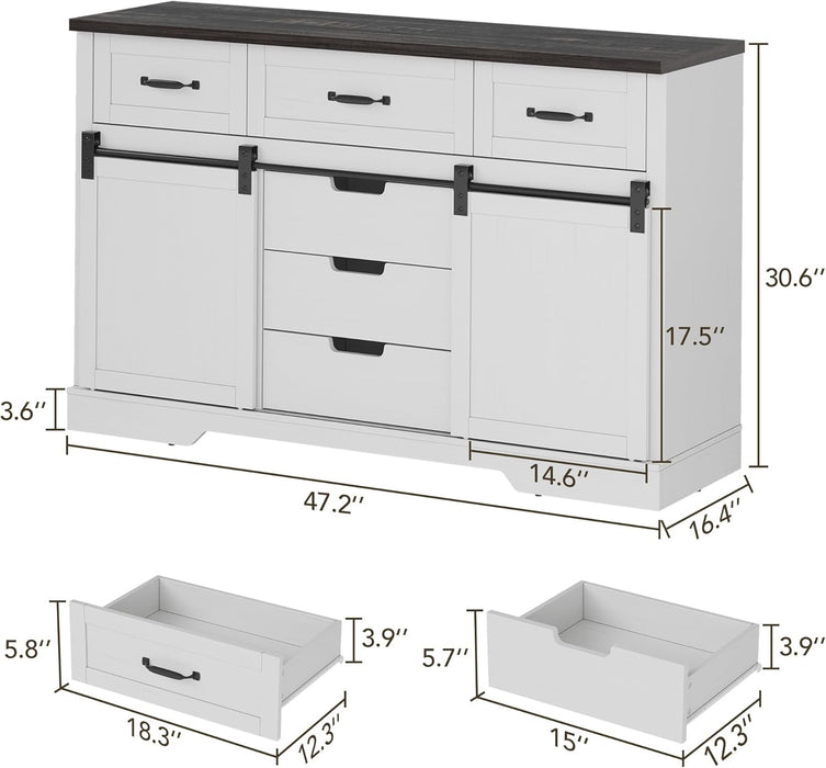 47.2 in Farmhouse Buffet Cabinet, Sideboard Cabinet with 6 Drawers, White Coffee Bar with Sliding Barn Doors for Dinning Room, Kitchen, Living Room