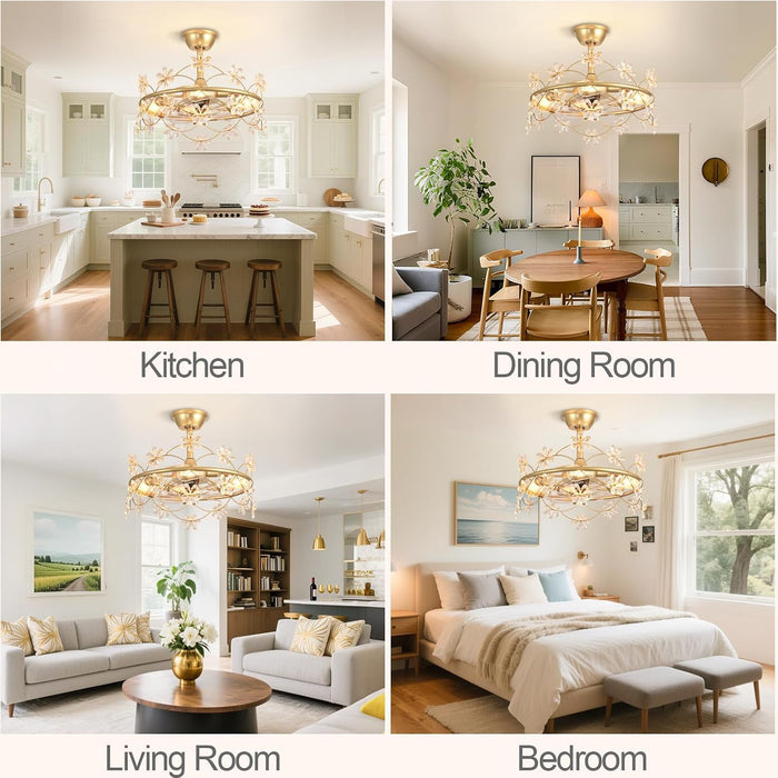 Bedroom Ceiling Fan with Lights: 20" Gold Chandelier Small Fan with Remote Control - Modern Flower Fandelier for Girl'S Bedroom Living Room Kitchen