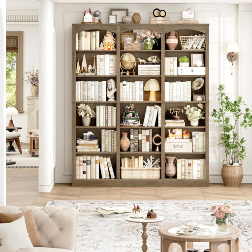 71" Triple Wide Bookshelf, 6 Tier Tall Bookshelf, Large Arched Bookcase with Curved Baffle, 63.4" Wide Book Shelf with 18 Open Display Shelves for Living Room, Study, Phoebe Zhennan