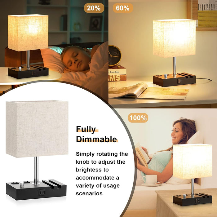 Beige Bedside Table Lamps Set of 2 - Dimmable, USB C+A, 2 AC Outlets