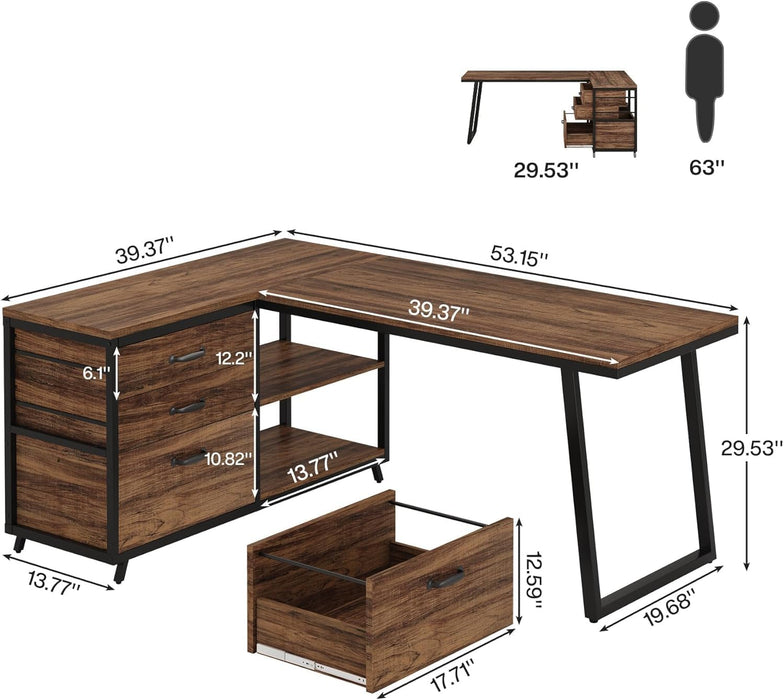 53" L Shaped Office Desk, Reversible Corner Computer Desk with 3 File Drawers and 2 Storage Shelves for Home Office, Study, Gaming Room (Brown)