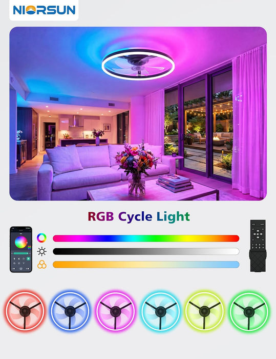 RGB Ceiling Fan with Light and Remote,20" Fandelier Smart Ceiling Fan,Black