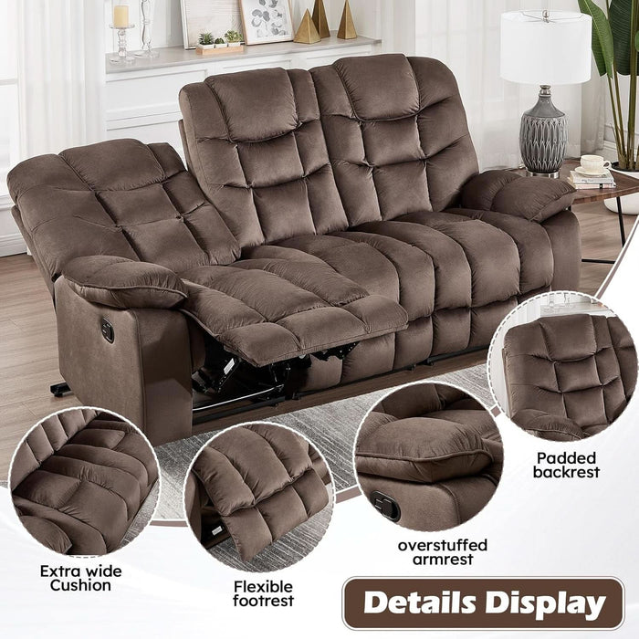 3 Seat Manual Reclining Sofa, Soft Fabric Recliner Couch with Padded Headrest and Armrests, 85" Wide Overstuffed 3-Seater Recliner Couches for Living Room, Brown