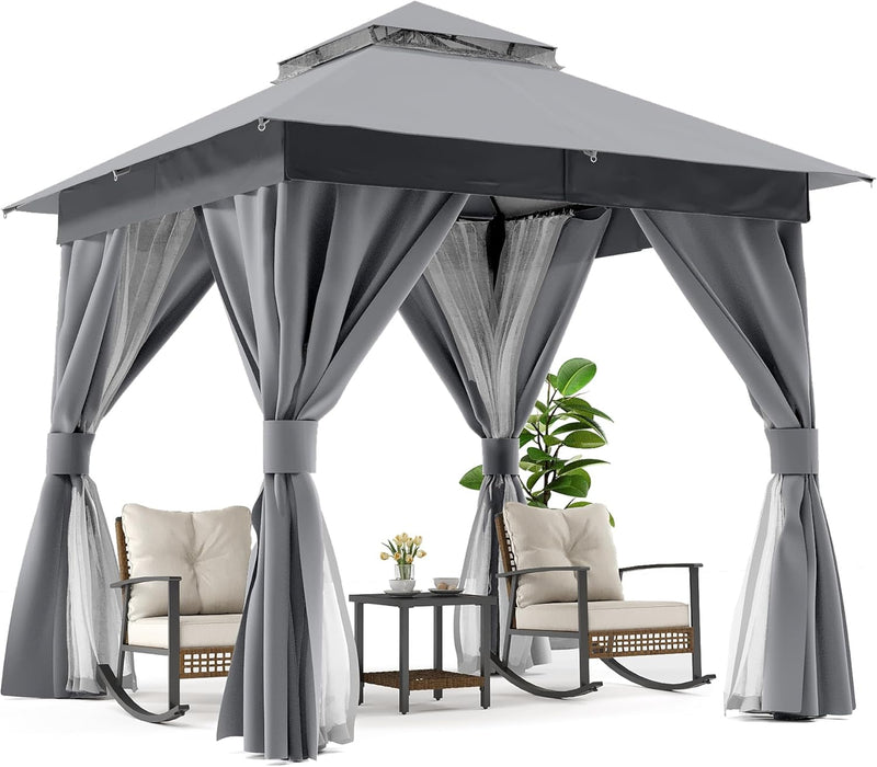 Patio Gazebo 8'X8', Outdoor Heavy Duty Party Tent Shelter with Double Roofs, Mosquito Nettings and Privacy Screens for Backyard, Garden, Lawn, Gray