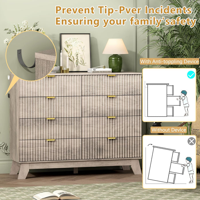 8 Drawer Fluted Dresser for Bedroom, Mid Century Modern Wooden Dresser with 8 Drawers, Dressers & Chests of Drawers with Metal Handle, TV Stand & Storage Organizer for Entryway, Hallway, Grey