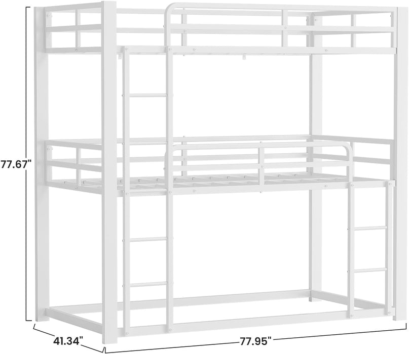 White Triple Bunk Bed Twin over Twin over Twin, Heavy Duty Metal Bunkbed with Full-Length Safety Guardrails, No Box Spring Required, Easy Assembly, Bedroom & Guest Room