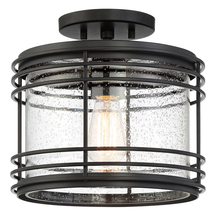 Modern Semi Flush Mount Outdoor Ceiling Light Fixture Black Geometric 11" Clear Seedy Glass for Exterior House Porch Patio Deck