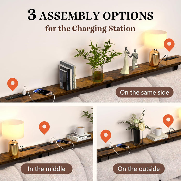 90" Sofa Table with Built-In Power Strip (4 AC Outlets & 4 USB Ports) – 4.9Ft Power Cord, Metal Frame, Easy Assembly, Long Couch Table behind Sofa, Living Room and Home Office | Rustic Brown