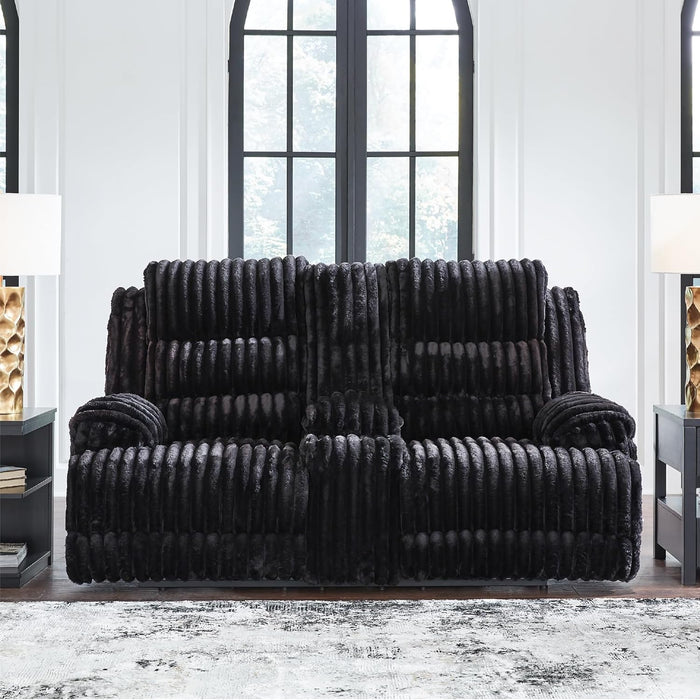 Signature Design by Ashley Higgesbee Contemporary Reclining Loveseat with Console, USB Charging Port, Storage and 2 Cup Holders, Black