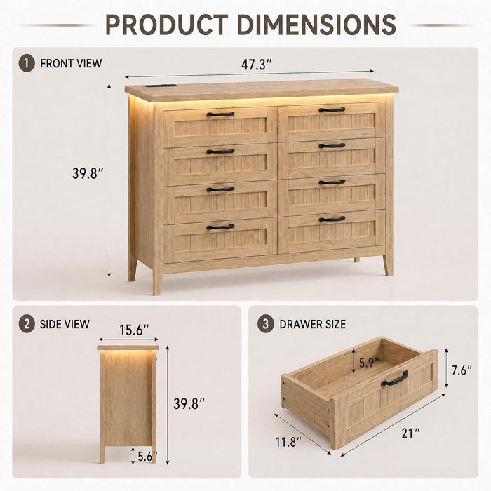8 Drawer Chest Dresser with LED Lights and Charging Station, Smart RGB App & Remote Control, Built-In USB-A Type-C AC Outlets, Wood Storage Cabinet 44.9" Tall for Bedroom Living Room
