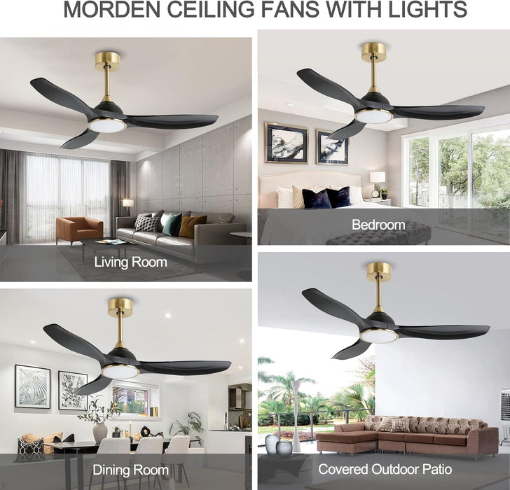 52 Inch Quiet DC Motor 6 Speed High CFM Ceiling Fan with Lights Remote Control, 3 Blade Black Gold Indoor Bedroom Modern Ceiling Fan