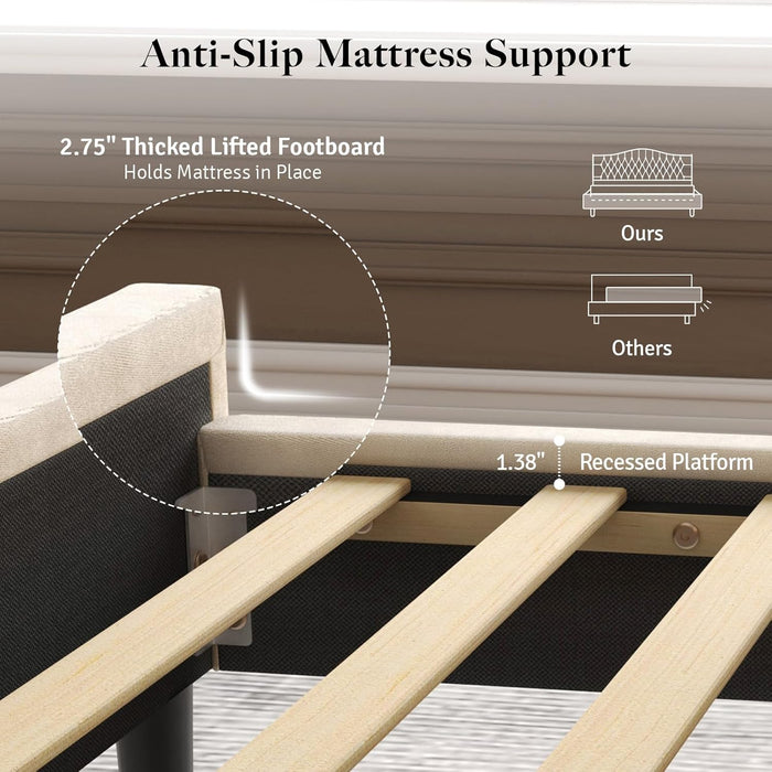 Full Size Bed Frame with Headboard, Luxury Upholstered Velvet Platform Bed with Wingback, Button Tufted & Nailhead Trim, Anti-Slide Tall Footboard, No Box Spring Needed, Noise-Free, Beige