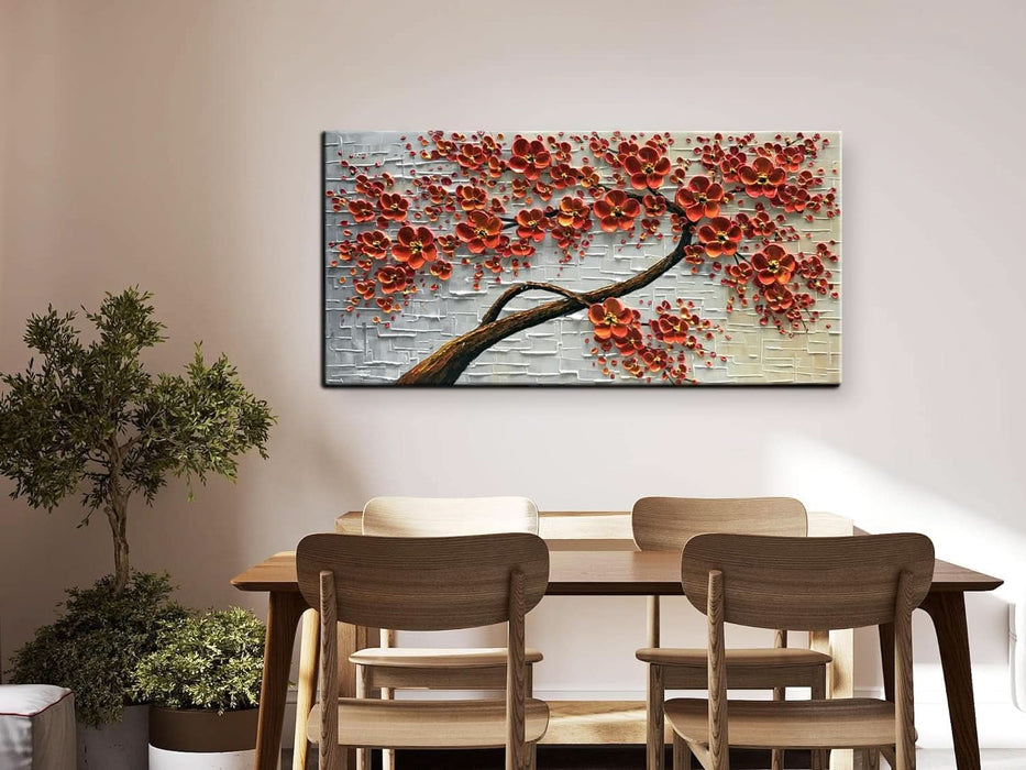 - Hand-Painted Oil Painting on Canvas Texture Palette Knife Red Flowers Paintings Modern Home Decor Wall Art Painting Colorful 3D Flowers Tree Paintings Ready to Hang 24X48Inch