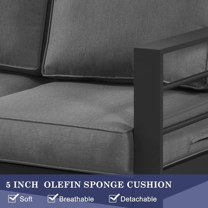 Patio Furniture Aluminum Loveseat, All-Weather Outdoor 2 Seats Sofa Couch, Gray Metal Chair with Dark Grey Cushions