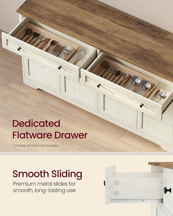 Siren Collection - Buffet Cabinet, Farmhouse Coffee Bar Cabinet with 2 Drawers, Adjustable Shelves, 4 Doors, Sideboard, 15.8 X 55.1 X 31.5 Inches, Rustic White and Honey Brown ULSC541WJ01S