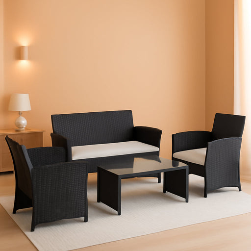 4-Piece Rattan Patio Furniture Set, Outdoor Wicker Conversation Sofa with Weather Resistant Cushions and Tempered Glass Tabletop for Lawn Backyard Pool Garden (White(Black Wicker))