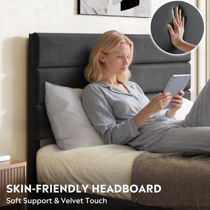 Full Size Upholstered Bed Frame with 4 Storage Drawers and Headboard, Velvet Platform Bedframe, Sturdy Metal & Wooden Slats Support, No Box Spring Needed, Easy Assembly, Black