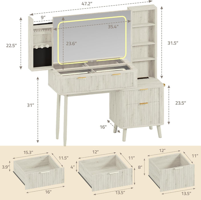 Wood Vanity with Clear Glass Top, 48" Makeup Vanity Desk with Large Mirror and Lights, Fluted Wooden Vanity Wall-Mounted Jewelry Storage for Bedroom,White Oak