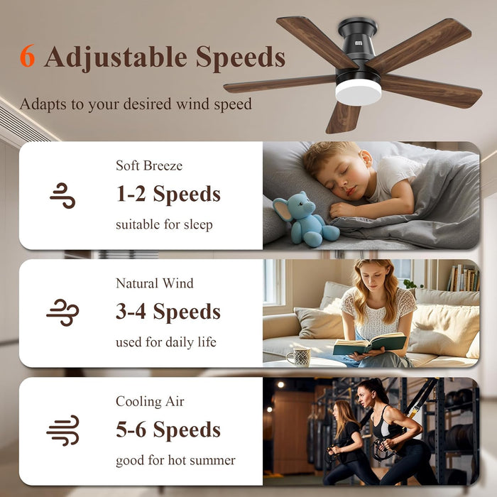 Ceiling Fans with Lights, 42 Inch Ceiling Fan with Light with App/Remote Control, 6000K Dimmable LED, Modern Flush Mount Ceiling Fan for Indoor Bedroom Living Room, DC Reversible, Black