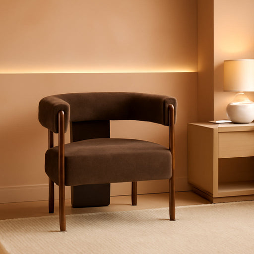 Nettie Modern Accent Chair for Living Room, Velvet Fabric Single Lounge Sofa Chair with Wooden Frame, Comfy Reading Chair for Bedroom, Lounge Armchair with Cushion, Dark Brown