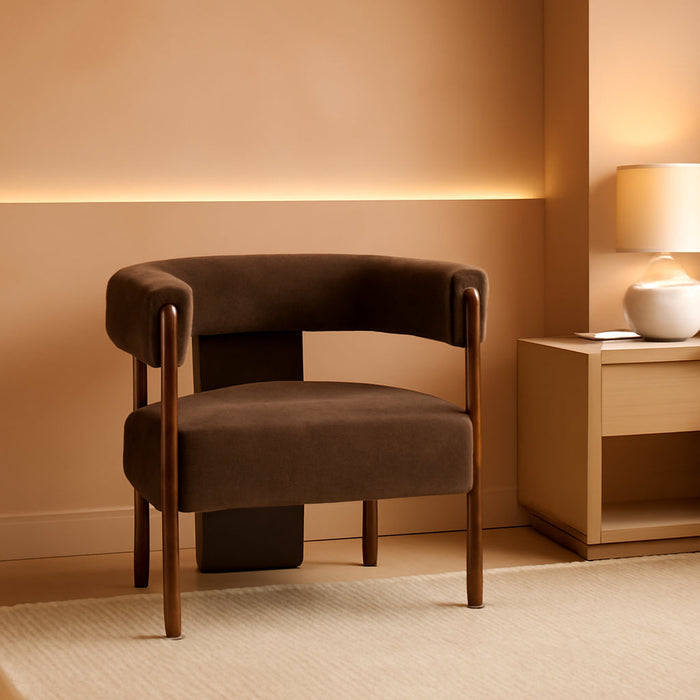 Nettie Modern Accent Chair for Living Room, Velvet Fabric Single Lounge Sofa Chair with Wooden Frame, Comfy Reading Chair for Bedroom, Lounge Armchair with Cushion, Dark Brown